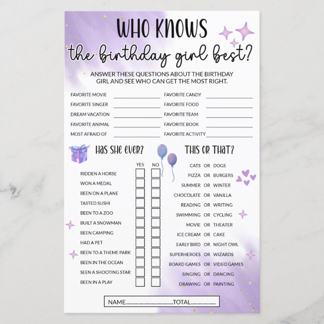 Lámina Quien Conoce Al Chica De Cumpleaños Mejor Juego -  (Anverso)