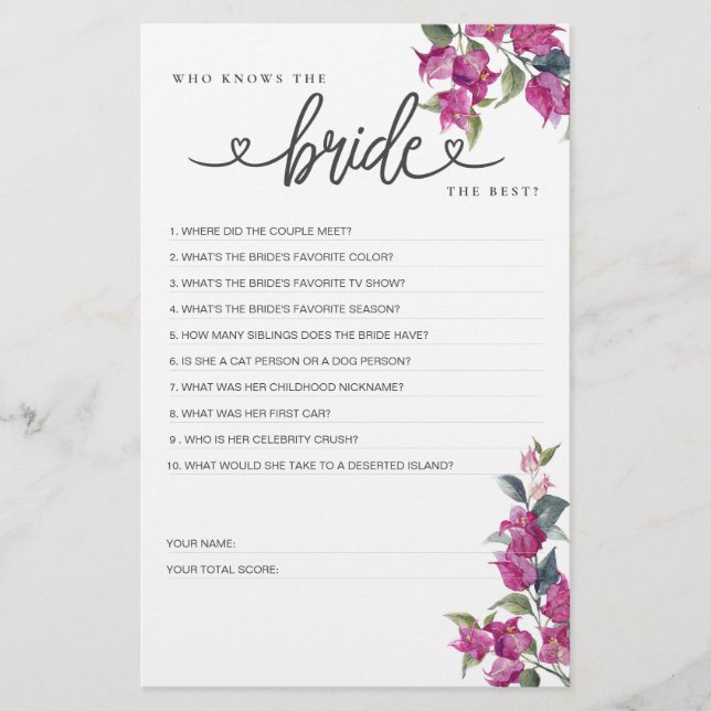 Lámina ¿Quién conoce mejor a la novia? (Anverso)