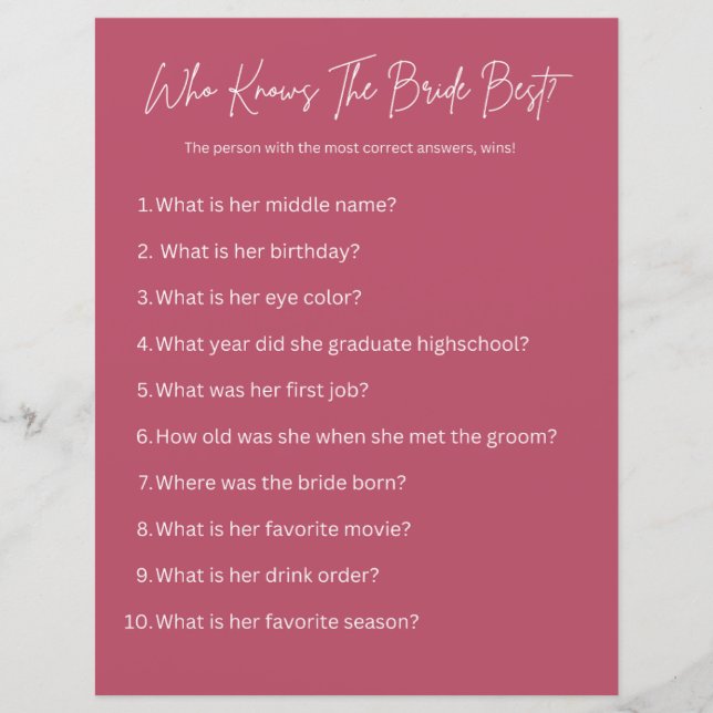 Lámina ¿Quién Conoce Mejor A La Novia? Juego fiesta (Anverso)