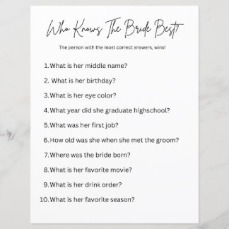 Lámina ¿Quién Conoce Mejor A La Novia? Juego fiesta