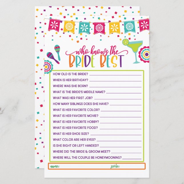 Lámina Quien mejor conoce a la novia - Fiesta WH (Anverso / Reverso)