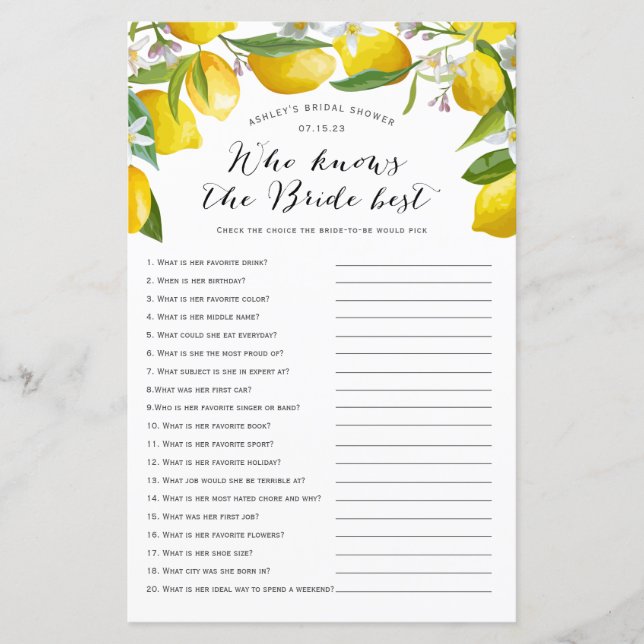 Lámina Quién mejor conoce a la novia, juegos de Lemon Bri (Anverso)