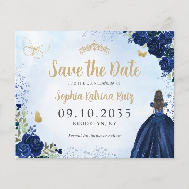 Lámina Quinceanera azul de la marina floral de presupuest (Anverso)
