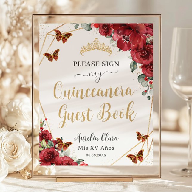 Lámina Quinceanera Birthday Guest Book (red-floral-flowers-gold-butterflies-Quinceañera-15-xv-sweet-16-birthday-wedding-guest-book-sign)