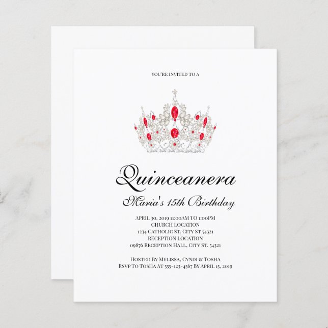 Lámina Quinceanera de descuento, invitaciones rojas (Anverso / Reverso)