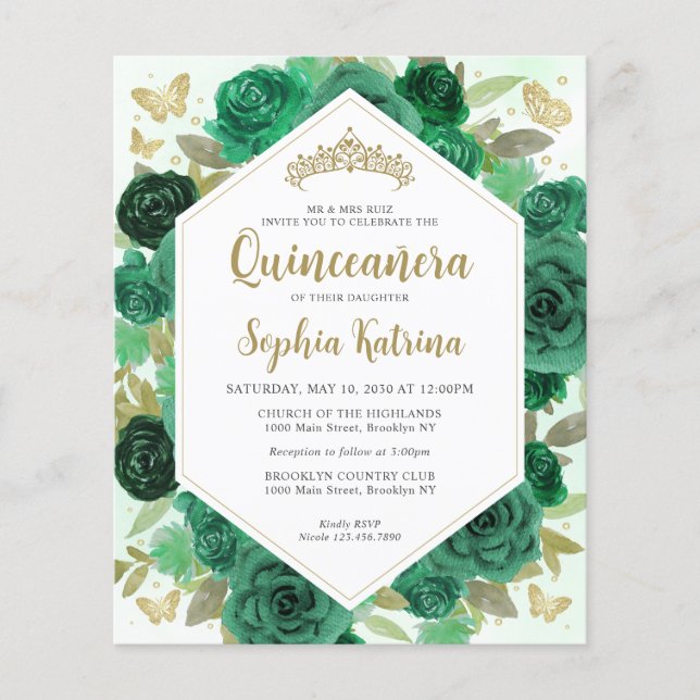 Lámina Quinceañera de oro floral verde de esmeralda (Anverso)