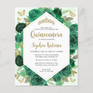 Lámina Quinceañera de oro floral verde de esmeralda