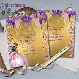 Lámina Quinceanera de oro morado de Rosas florales
