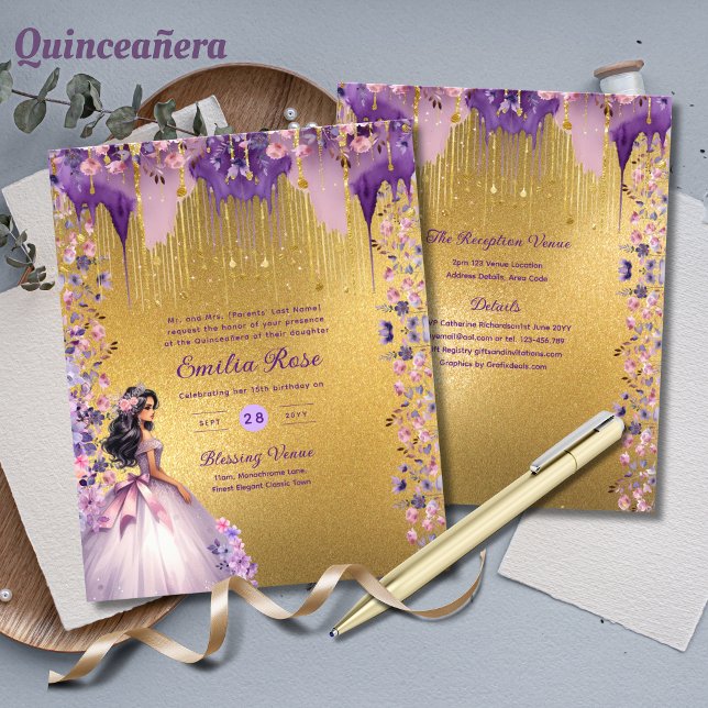Lámina Quinceanera de oro morado de Rosas florales (Subido por el creador)