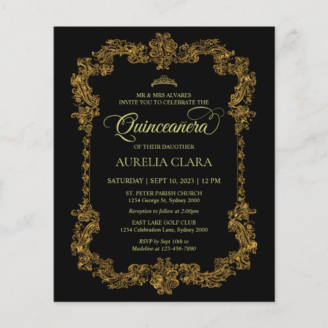 Lámina Quinceanera de oro negro elegante y clásico del pr (Anverso)