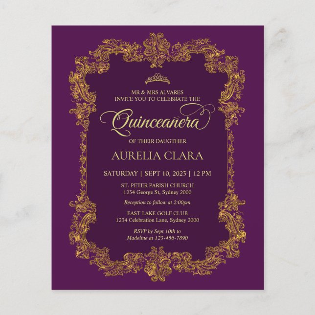 Lámina Quinceanera de oro púrpura elegante clásico de pre (Anverso)