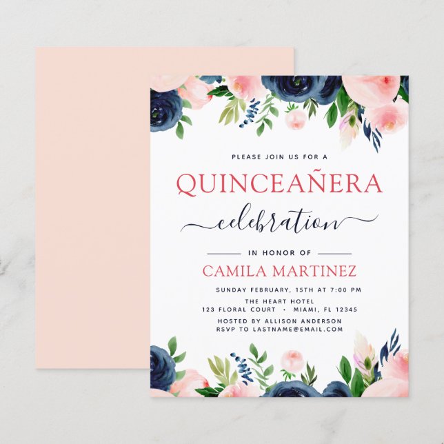 Lámina Quinceanera floral azul de la marina rosa de Rubor (Anverso / Reverso)