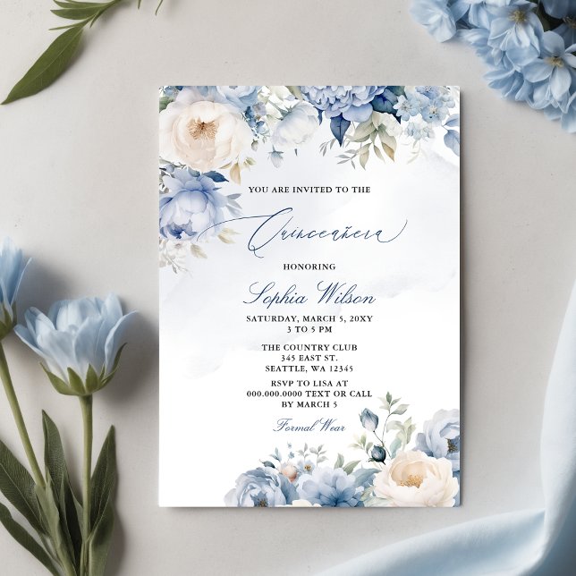 Lámina Quinceañera floral azul turquesa (Elegant Modern Dusty Blue Floral Quinceañera Invitation)