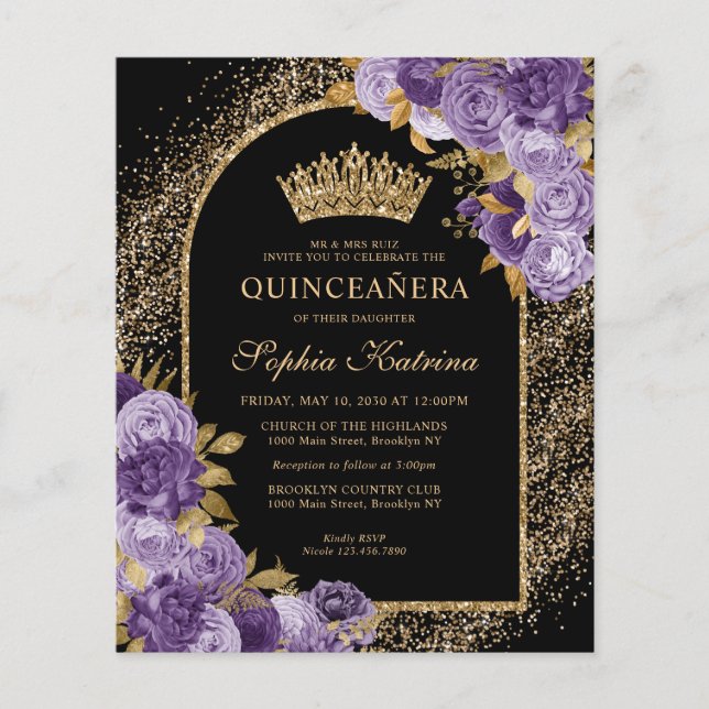 Lámina Quinceanera floral de oro violeta púrpura y presup (Anverso)