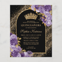 Quinceanera floral de oro violeta púrpura y presup