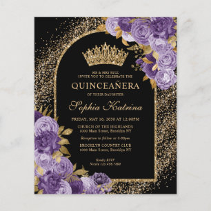 Lámina Quinceanera floral de oro violeta púrpura y presup