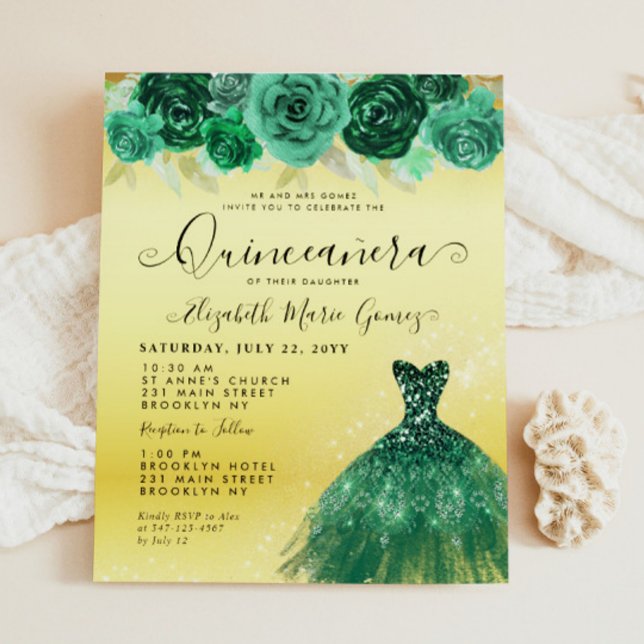 Lámina Quinceanera floral de vino verde esmeralda (Budget Emerald Green Gold Dress Floral Quinceanera Birthday Invitation)