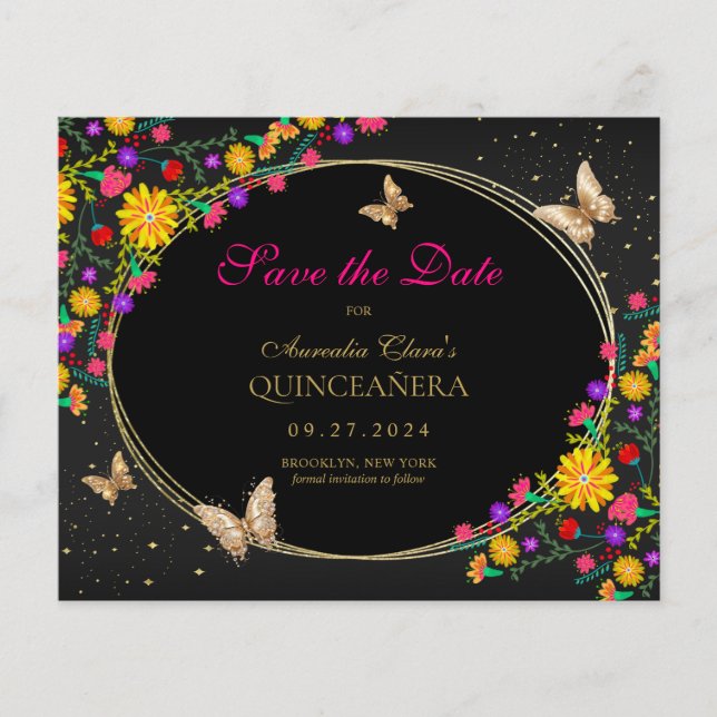 Lámina Quinceanera floral mexicana de oro negro (Anverso)