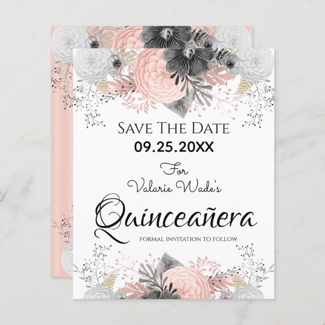 Lámina Quinceanera floral rosa de Rubor Guardar la fecha (Anverso / Reverso)