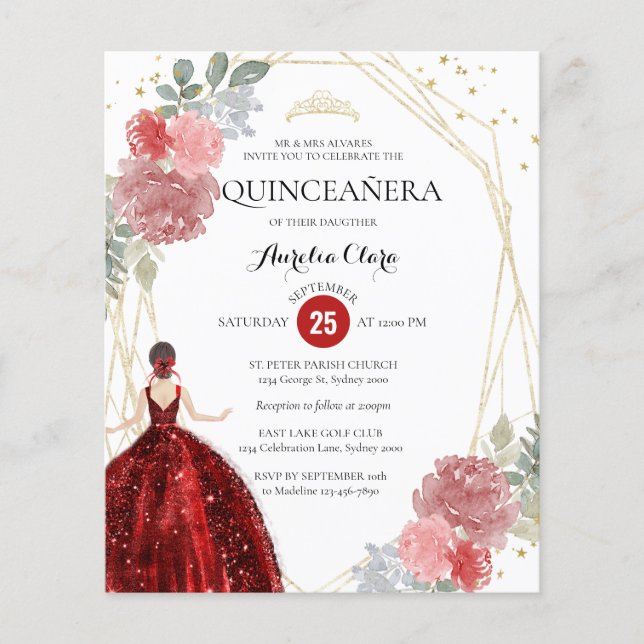 Lámina Quinceañera geométrica floral roja de rubí para pr (Anverso)