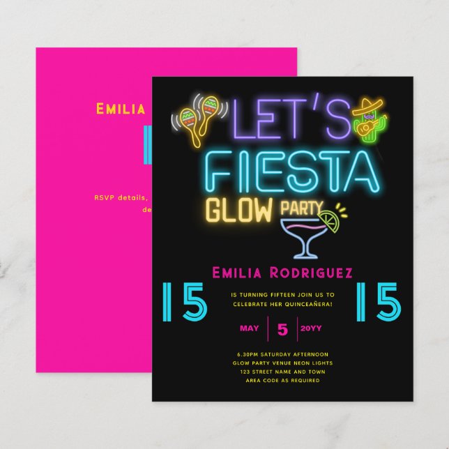 Lámina QUINCEAÑERA Glow Fiesta Invitación Fiesta de Neón (Anverso / Reverso)