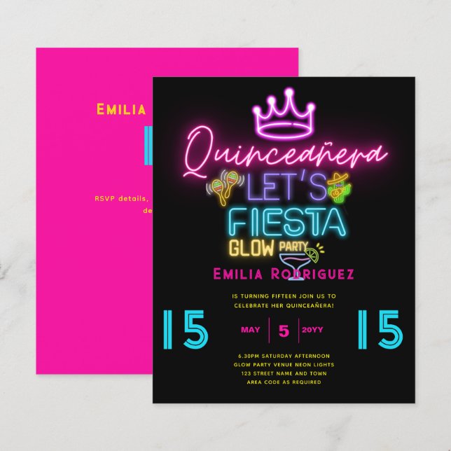 Lámina QUINCEAÑERA Glow Fiesta Invitación Fiesta de Neón (Anverso / Reverso)