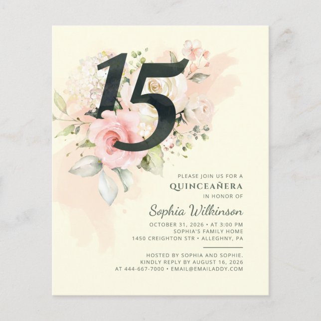 Lámina Quinceanera moderna Invitación floral de 15 años (Anverso)