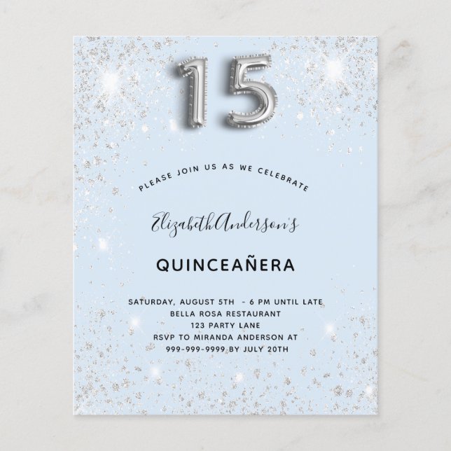 Lámina Quinceañera presupuesto bebé azul brillo plateado (Anverso)