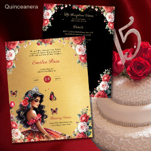 Lámina Quinceanera Rojo Negro Vestido Mariposas Florales