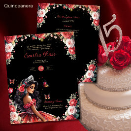 Lámina Quinceanera Rojo Negro Vestido Mariposas Florales