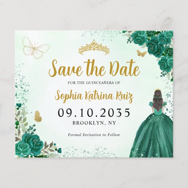 Lámina Quinceanera verde floral presupuestal Guardar fech (Anverso)