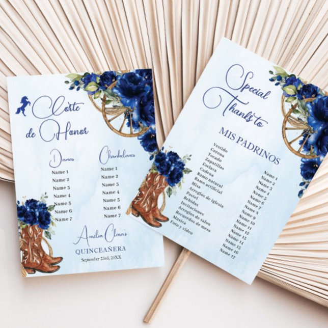 Lámina Quinceañera XV 15 Charro Padrino Floral Azul Real (charro-western-cowboy-horses-royal-blue-floral-flowers-padrinos-list-corte-de-honor-budget-paper)