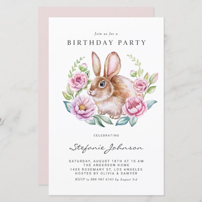 Lámina Rabbit and Pink Flowers Birthday Party Invitation (Anverso / Reverso)