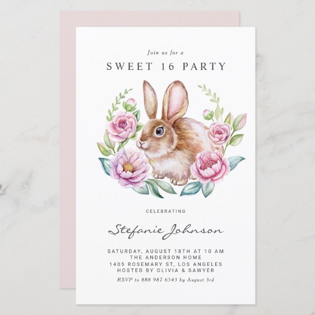 Lámina Rabbit and Pink Flowers Sweet 16 Party Invitation (Anverso / Reverso)