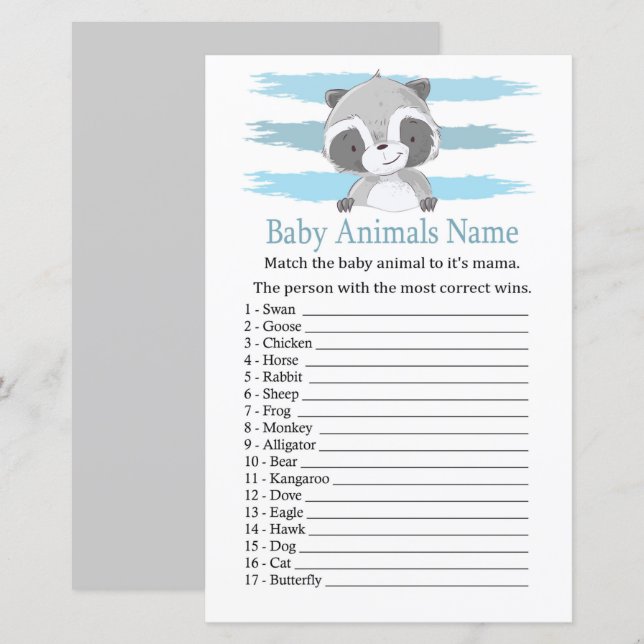 Lámina Raccoon Baby Animals Nombre Juego (Anverso / Reverso)