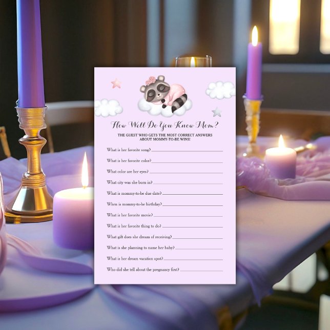 Lámina Raccoon Baby Shower Game ¿Conoces A Mamá? (Raccoon Girl Baby Shower Game Do You Know Mom?)