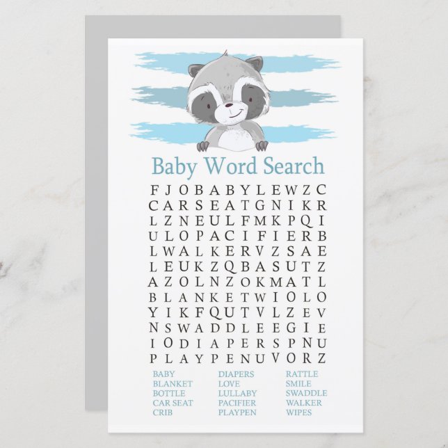 Lámina Raccoon Baby Shower Word Search Game (Anverso / Reverso)