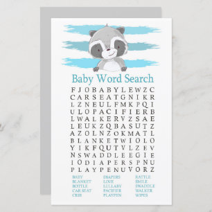 Lámina Raccoon Baby Shower Word Search Game