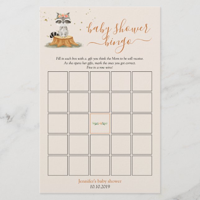 Lámina Raccoon Woodland Animals Baby Shower Bingo Game (Anverso)