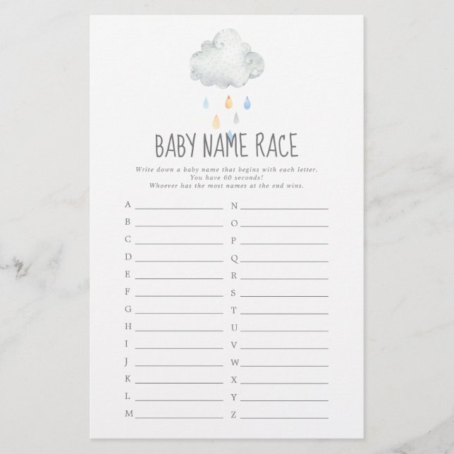 Lámina Rain Cloud Boy Baby Shower Baby Name Race Game (Anverso)