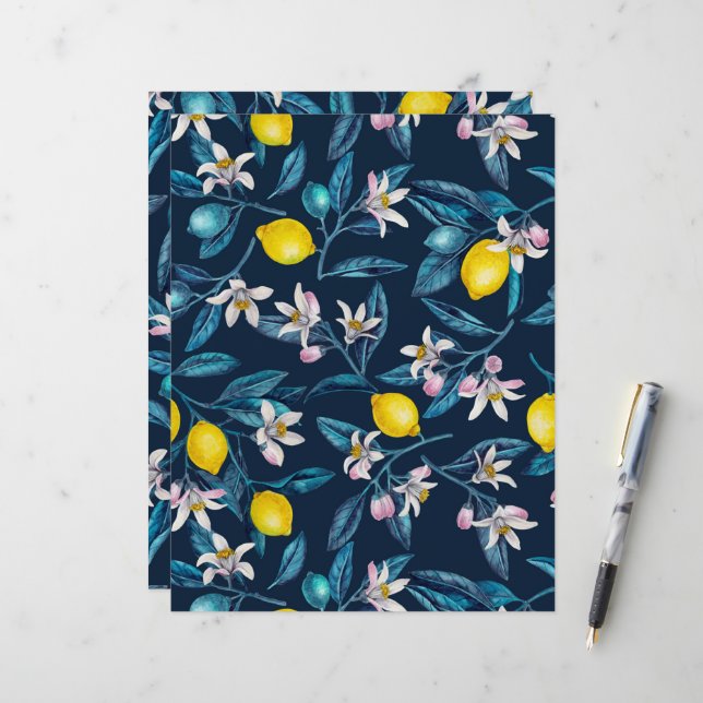 Lámina Ramas de limón con flores y fruta en azul (Anverso/Reverso In Situ)