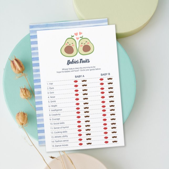 Lámina Rasgos Neutrales Baby Shower Twins de aguacate (Avocado Gender Neutral Baby Shower Twins Traits)