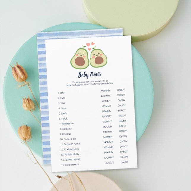 Lámina Rasgos Neutrales para bebes de aguacate (Avocado Gender Neutral Baby Shower Baby Traits)