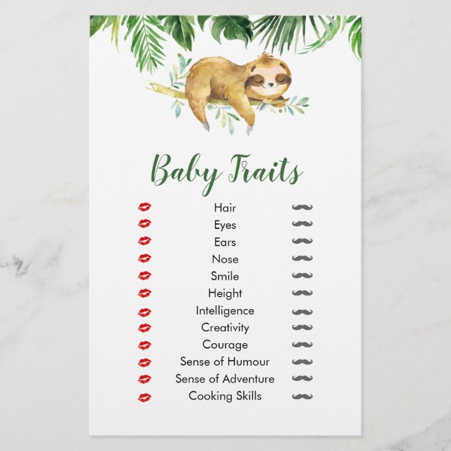 Lámina Rasgos para bebé de niño tropical Sloth Baby Showe (Anverso)