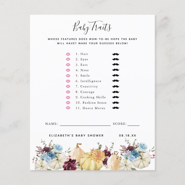 Lámina Rasgos para bebés | Juego Baby Shower (Anverso)