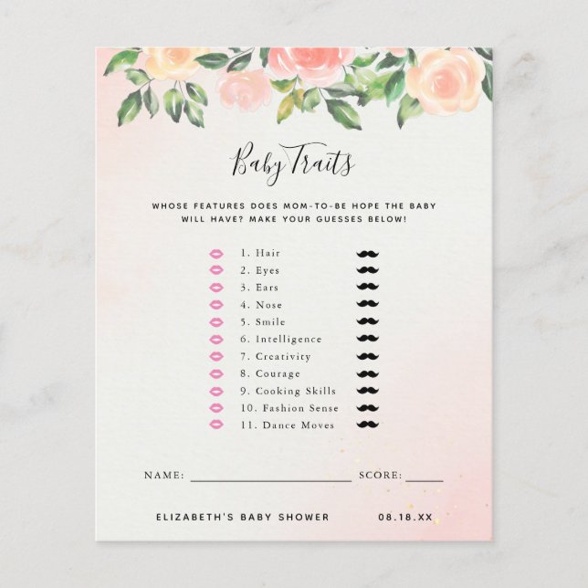 Lámina Rasgos para bebés | Juego Baby Shower (Anverso)