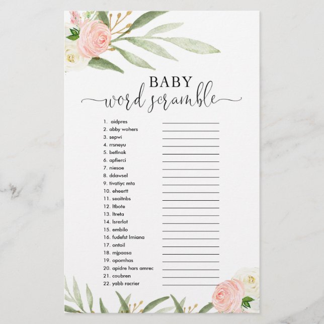 Lámina Raspadura de palabra de bebé juego de ducha de beb (Anverso)