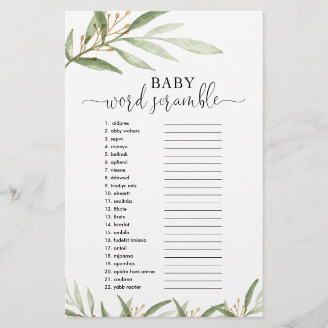 Lámina Raspadura de palabra para bebé juego de ducha oro  (Anverso)