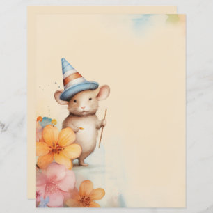 Lámina Ratón con naranja gorra flores rosadas papel antig