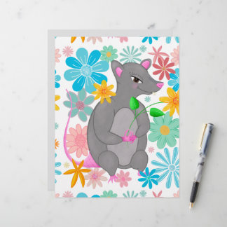 Lámina Raton gris lindo y caprichoso con flores pastel
